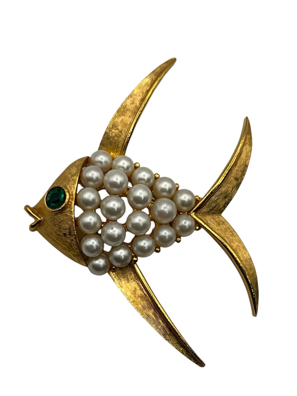 Angel fish gold tone faux pearl green rhinestone vintage brooch pin
